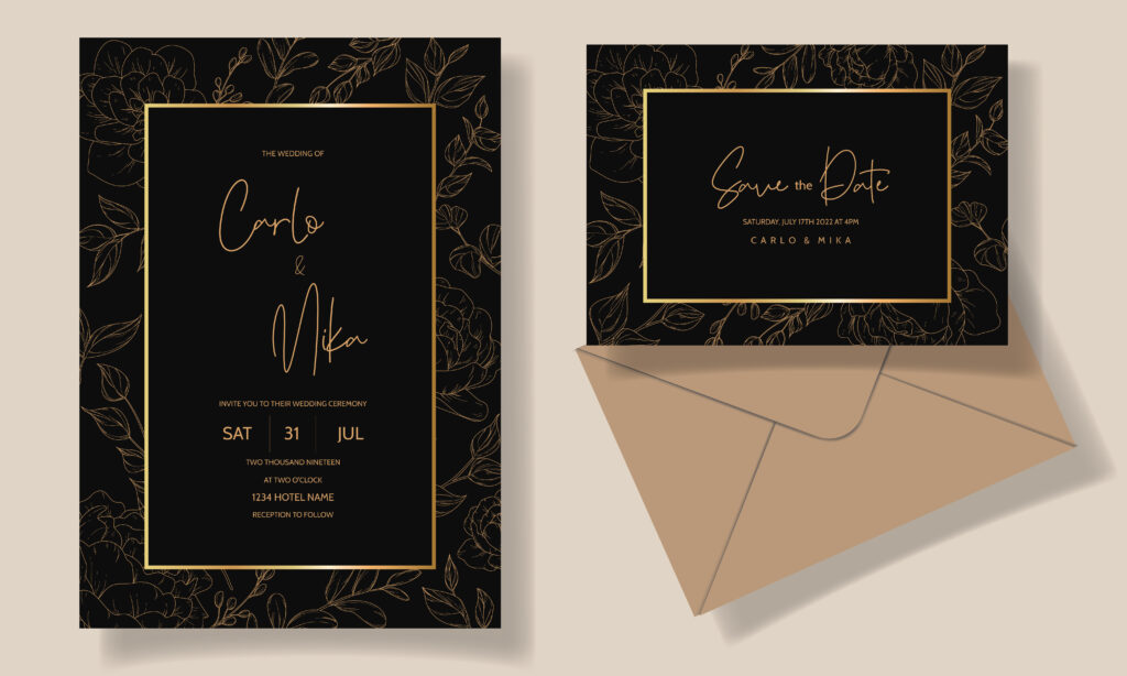 Black wedding invitations with gold foil
